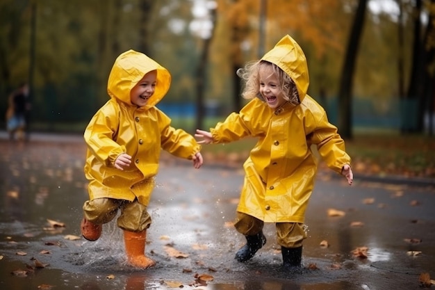 Felices niños sonrientes con impermeables amarillos y botas de lluvia corriendo en un charco un paseo de otoño