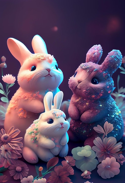 Felices pascuas Adorable conejito en prado de flores color pastel IA generativa