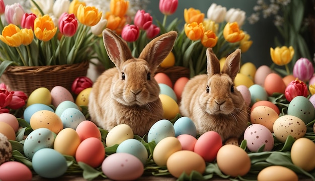 Felices Pascuas en casa con huevos coloridos, flores primaverales y un acogedor conejo