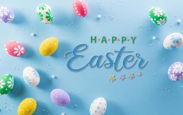 Felices Pascuas coloridos huevos de Pascua con flores y el texto sobre fondo azul pastel