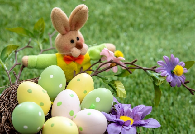 Felices Pascuas Huevos coloridos en un nido sobre hierba verde vista cercana