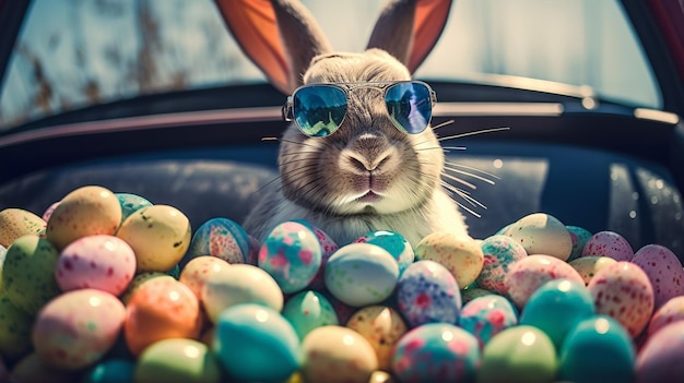 Felices pascuas Lindo conejito en gafas de sol con coloridos huevos de pascua generativos ai