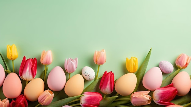 Felices Pascuas con tulipanes y huevos decorativos