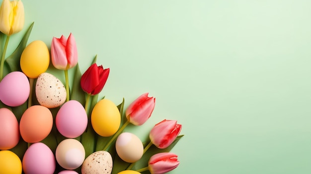 Felices Pascuas con tulipanes y huevos decorativos