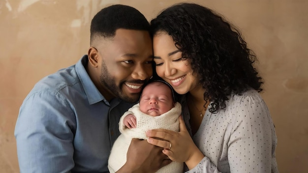 Felices y positivos nuevos padres acurrucando a su bebé en los brazos