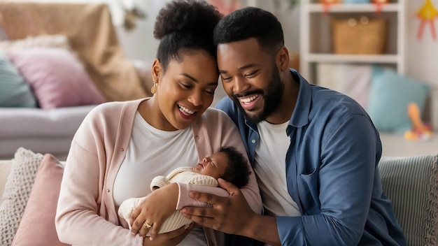 Felices y positivos nuevos padres acurrucando a su bebé en los brazos