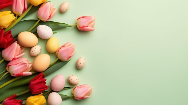 Felices vacaciones de pascua con tulipanes y huevos decorativos en varios colores.