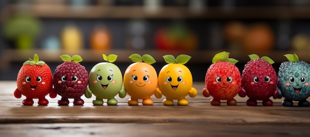 Felices verduras saludables, frutas seguidas, dibujos animados de verduras, IA generativa
