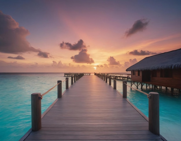 La felicidad del atardecer en un resort de villas acuáticas de las Maldivas
