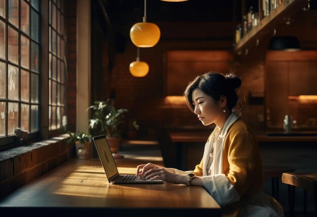 Felicidad atractiva mujer asiática con camisa amarilla trabajando con computadora portátil pensando en obtener ideas