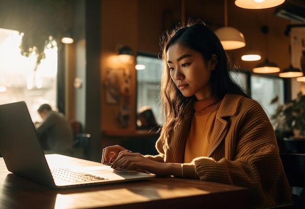 Felicidad atractiva mujer asiática con camisa amarilla trabajando con computadora portátil pensando en obtener ideas