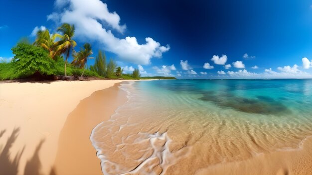 Felicidad frente a la playa playa tropical cautivadora árboles exuberantes y paisajes marinos iluminados por el sol