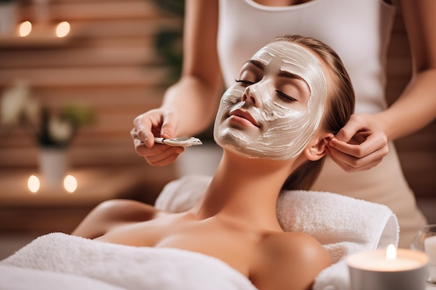 Felicidad indulgente Modelo sereno Abrazando la experiencia de spa con máscara de productos de belleza facial No es una persona real IA generativa