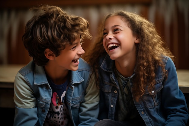 La felicidad de la infancia chico y chica riendo en elegantes chaquetas de denim