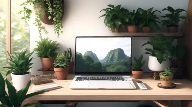 Felicidad inspirada en la naturaleza con computadora portátil y plantas en macetas