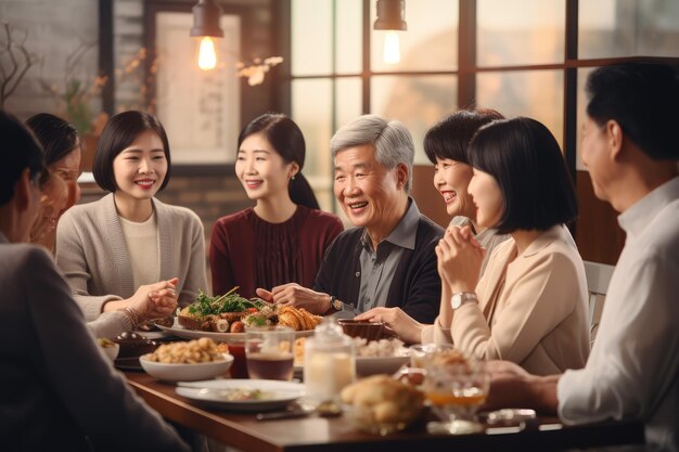 felicidad múltiples generaciones cenando juntos familia tomándose de la mano y orando en Acción de Gracias