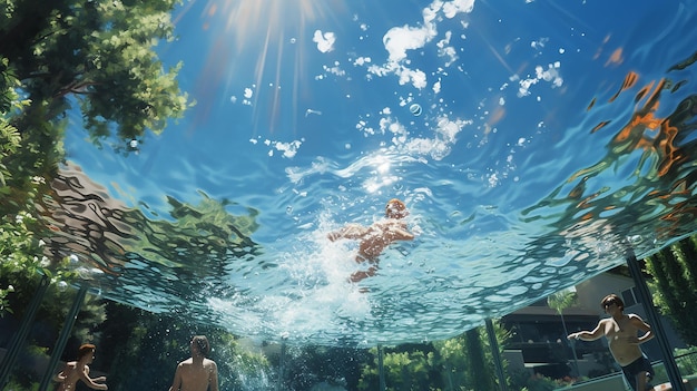 La felicidad a la orilla de la piscina La gente disfruta de un baño refrescante