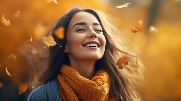 Felicidad de otoño Mujer joven disfrutando del aire fresco al aire libre