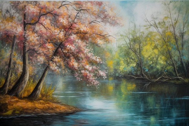 La felicidad de la primavera Un magnífico cuadro de árboles rosados en flor a lo largo de un río