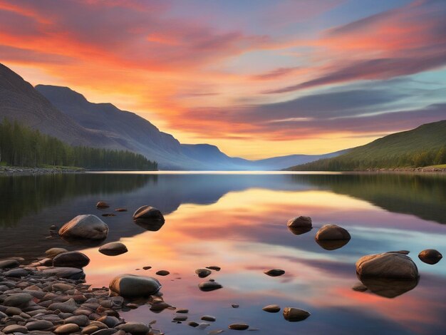 La felicidad de la puesta de sol en aguas tranquilas