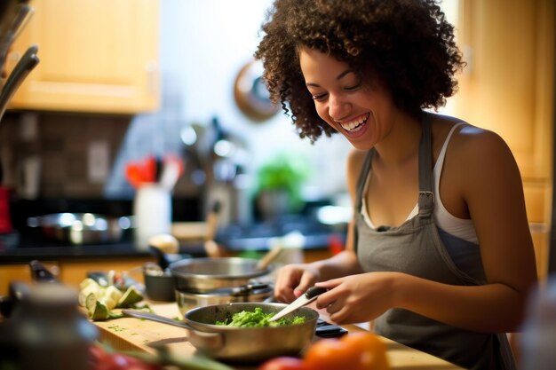 Foto la felicidad y satisfacción de una joven en la cocina