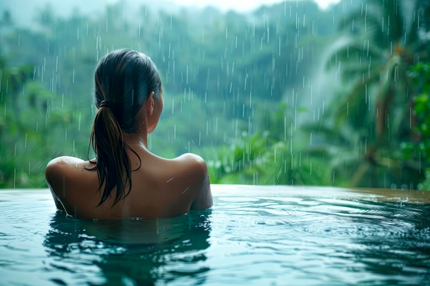 Felicidad tropical Mujer alegre abraza la lluvia cálida en la piscina infinita con vistas a la selva
