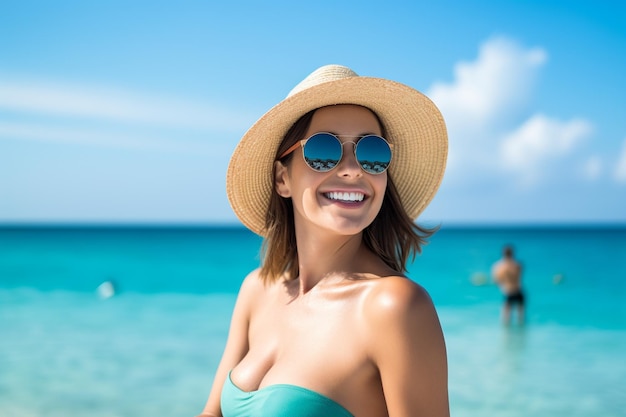 Felicidad de las vacaciones de verano Mujer joven descansando en el paraíso tropical