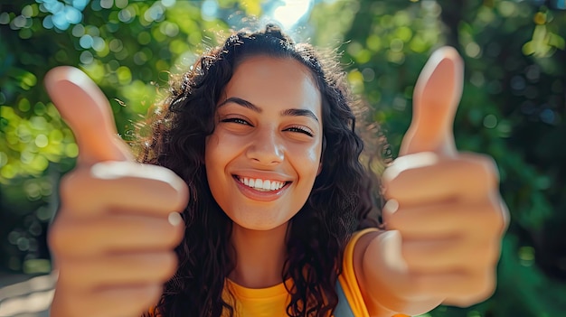 Foto felicidade ao ar livre mulher sorridente com os polegares para cima