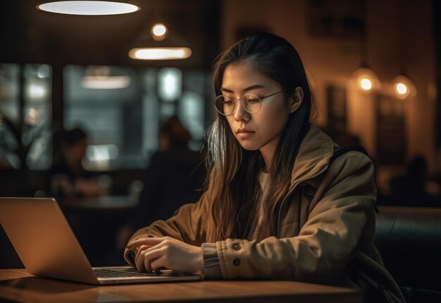 Felicidade atraente mulher asiática na camisa amarela trabalhando com computador laptop pensando em obter ideias