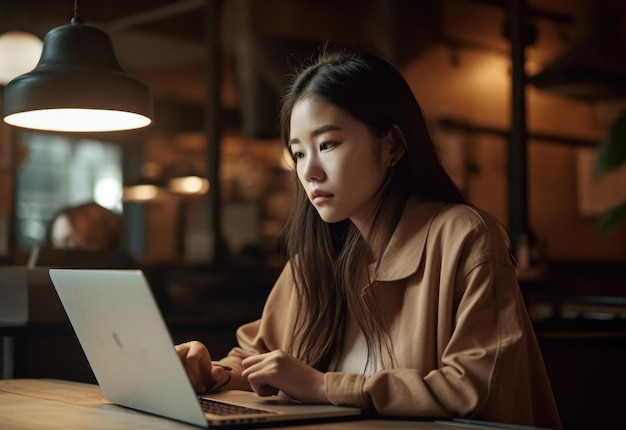 Felicidade atraente mulher asiática na camisa amarela trabalhando com computador laptop pensando em obter ideias