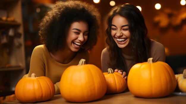 Foto felicidade da colheita um close de uma fazendeira sorridente com abóboras em amarelo