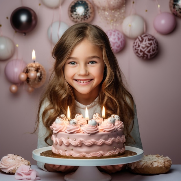 Felicidade de aniversário Capturando a alegria de uma menina de 10 anos comemorando com uma torta em um fundo branco