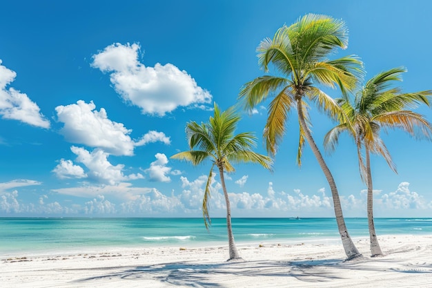 Felicidade de verão em Cap Cana Praia de areia branca com palmeiras de coco e fundo de céu azul claro