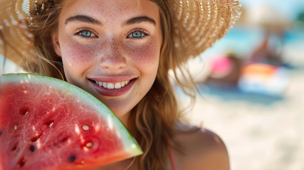 Felicidade de Verão Uma Mulher Que Gosta de Melancia