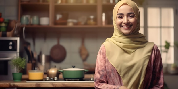 Felicidade diária sorridente da dona de casa muçulmana