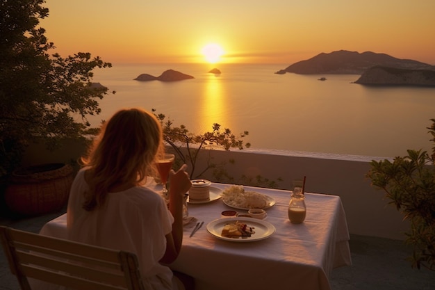 Felicidade do sol Mulher saboreando um jantar romântico com vista para o mar Egeu