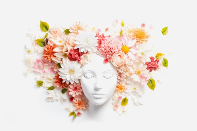 Felicidade e harmonia da saúde mental Cabeça feminina feliz com lindas flores em fundo branco