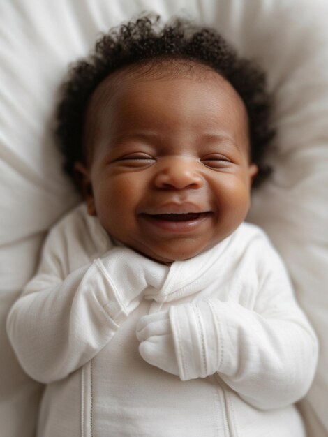 Felicidade pacífica do recém-nascido um sorriso sereno de bebê capturado numa cama branca