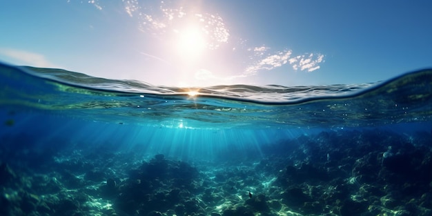 Felicidade subaquática hipnotizando o céu azul e o sol radiante na IA generativa da superfície da água do oceano