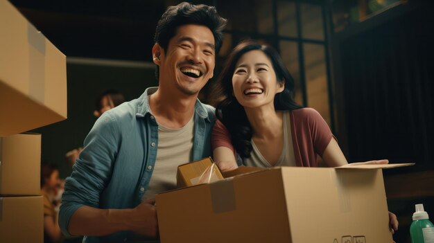 Felicidade um casal asiático partilha sorrisos abraçando a emoção de novos começos