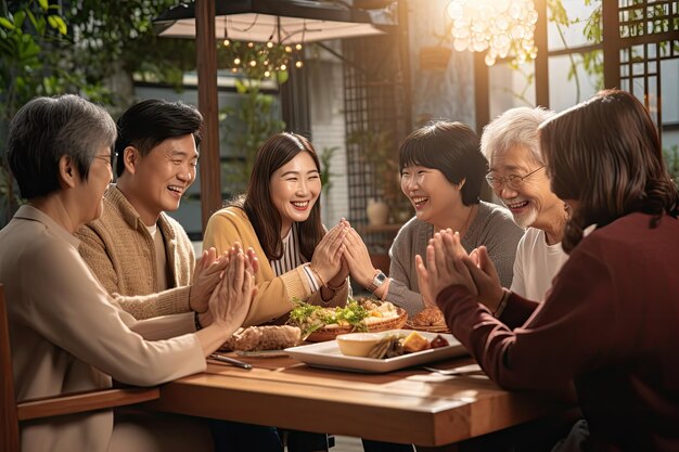 felicidade várias gerações jantando juntos família de mãos dadas e orando em Ação de Graças