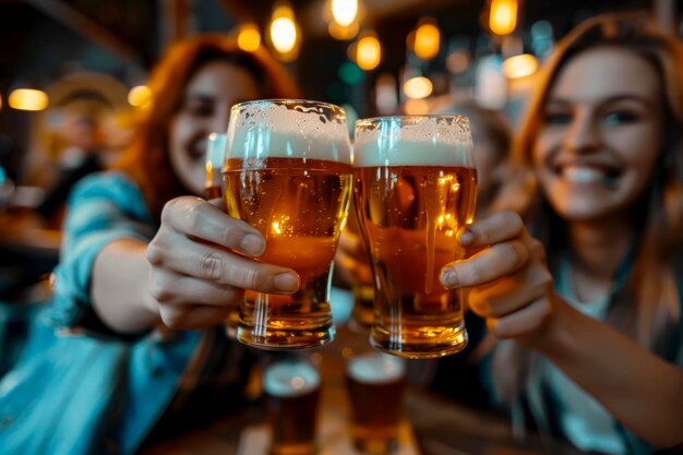 Felicidades e cervejas Jovens amigos celebrando a Happy Hour na mesa do Brewery Pub