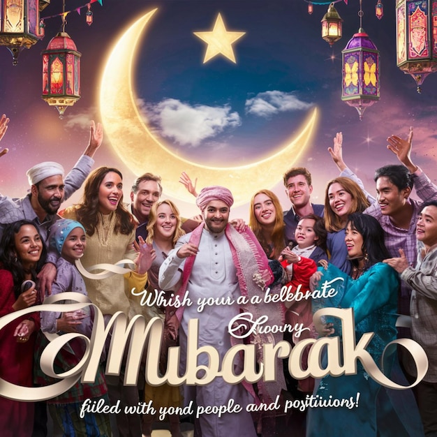 Felicitaciones festivas de Eid Mubarak con vestimenta tradicional generadas por la IA