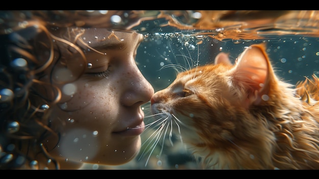 Un Felidae y un Gato comparten un beso bajo el agua en un evento oscuro y artístico