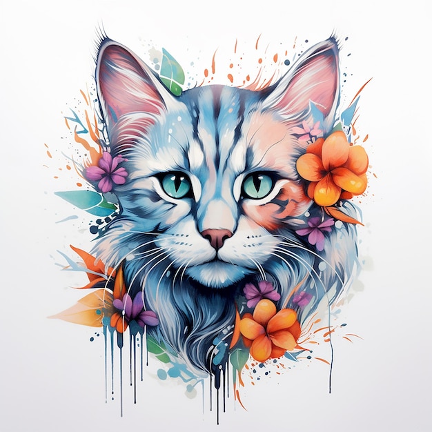 Feline Elegance Tattoo Design von Aquarell Katze auf flachem weißen Hintergrund