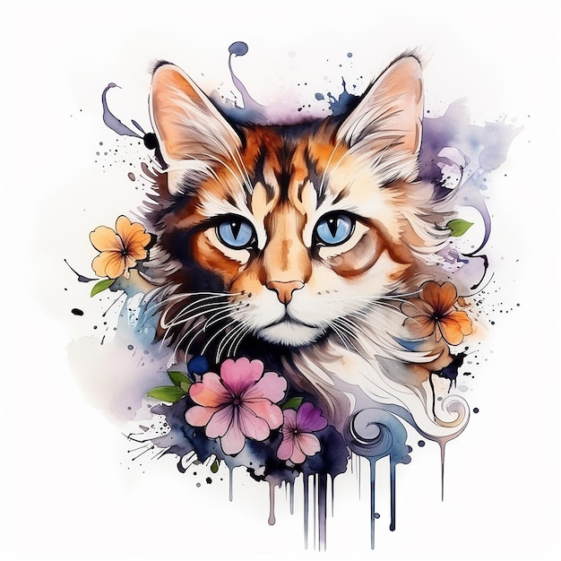 Feline Elegance Tattoo Design von Aquarell Katze auf flachem weißen Hintergrund