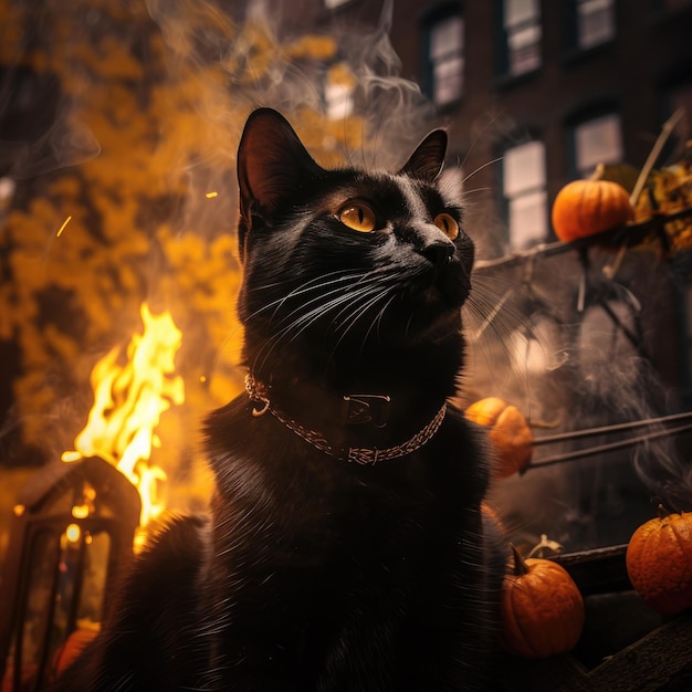 Foto feline festivities new yorks halloween mit einer schwarzen katze und kürbissen