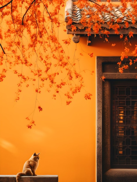 Feline Grace auf einer herbstfarbenen Wand der traditionellen Architektur mit einer einfachen Komposition