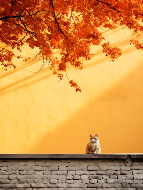 Feline Grace em uma parede colorida de outono de arquitetura tradicional com uma composição simples