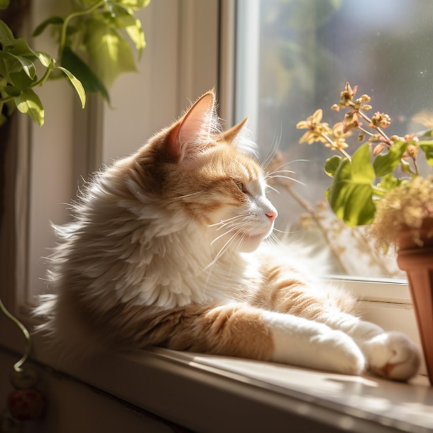Felino agraciado relajándose en el alféizar de una ventana